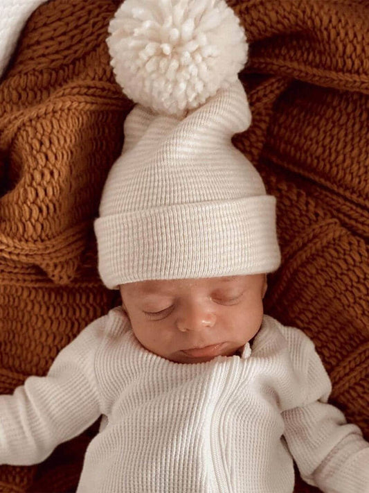 Baby's First Hat, Sand/White Stripe Pom