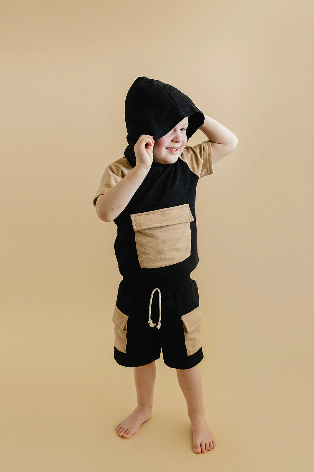 Terry Cargo Shorts Set | Black & Tan