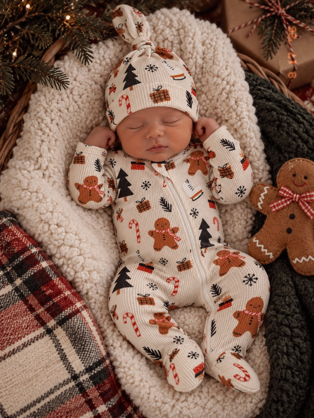 Organic Waffle Basic Zip Footie, Gingerbread Wonderland Snow