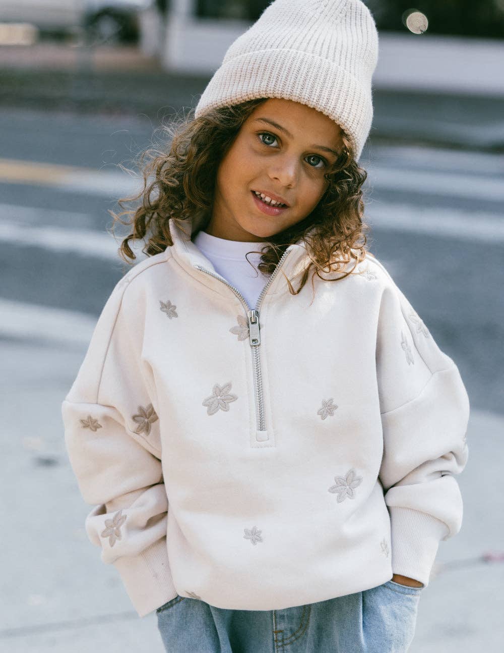 Embroidered Floral, Kids Half-Zip
