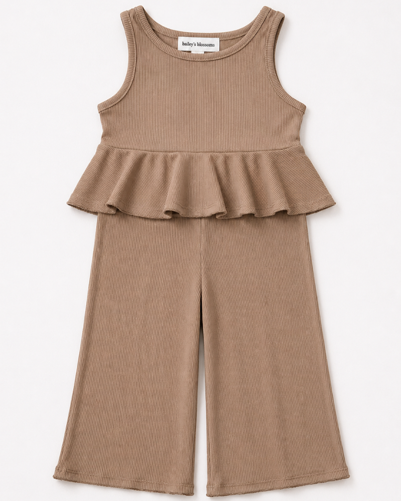 Peplum Top Two-Piece Wide Leg Set - Oatmilk