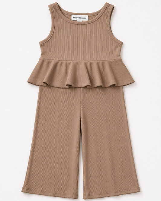 Peplum Top Two-Piece Wide Leg Set - Oatmilk