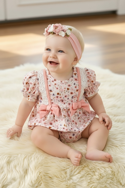 Ditsy floral baby romper with front bows