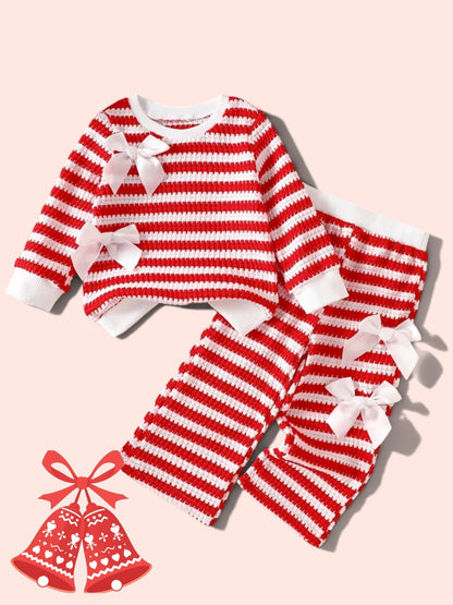Girls Striped Xmas Bow Set