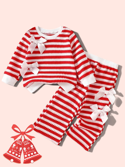 Girls Striped Xmas Bow Set