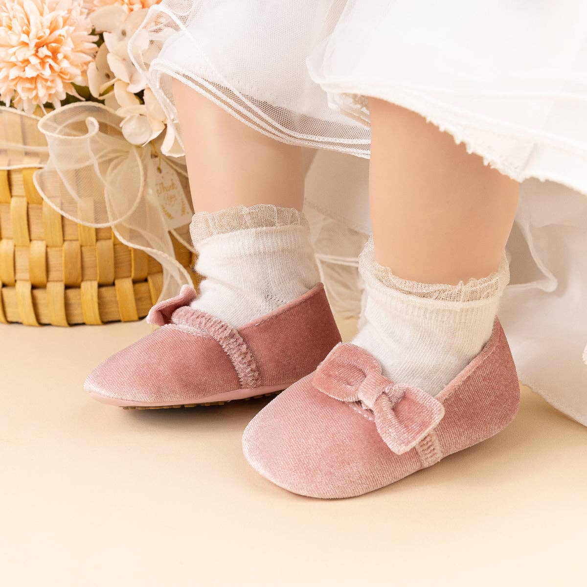 Pink bow Velvet baby shoes