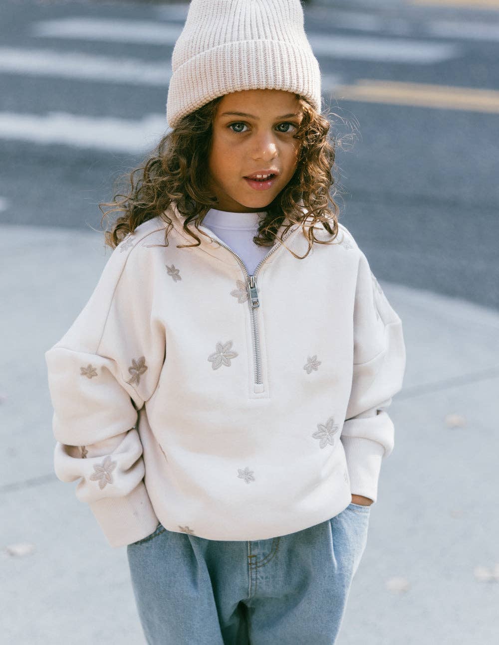 Embroidered Floral, Kids Half-Zip