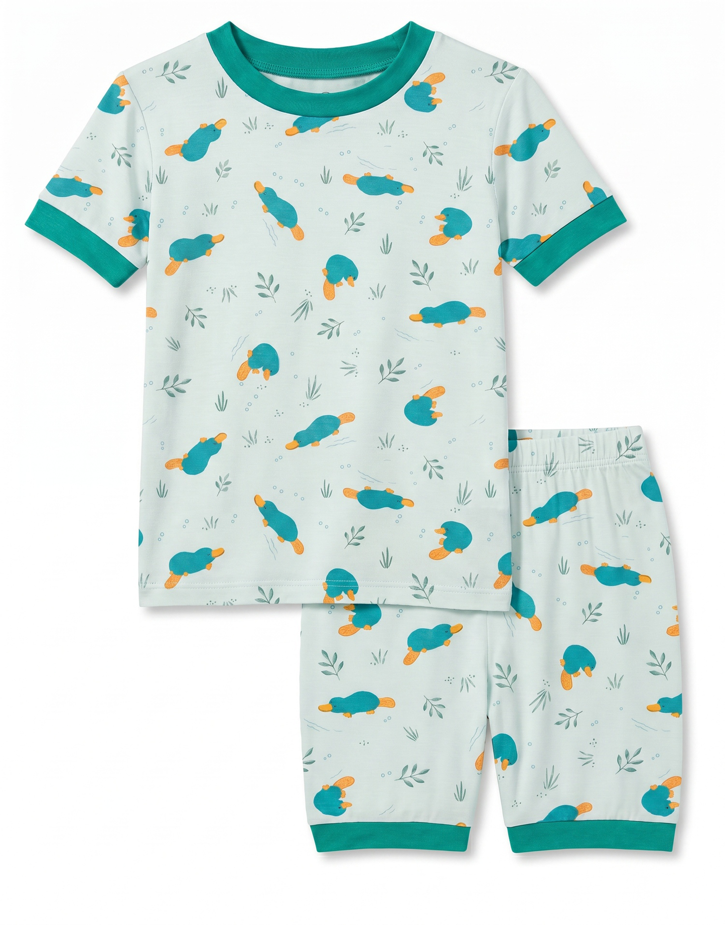 A two-piece children's pajama set featuring a short-sleeve top and matching shorts in a light mint green color with a playful pattern of teal ducks, orange carrots, and small green leaves. The set has contrasting teal trim on the collar, sleeve cuffs, and pant cuffs.