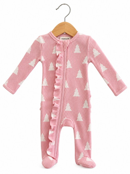Organic Waffle Ruffle Zip Footie, Pink Christmas Trees